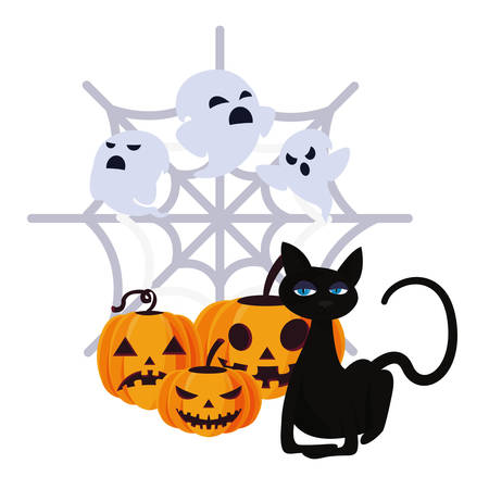 happy halloween spiderweb pumpkins black cat vector illustrationのイラスト素材