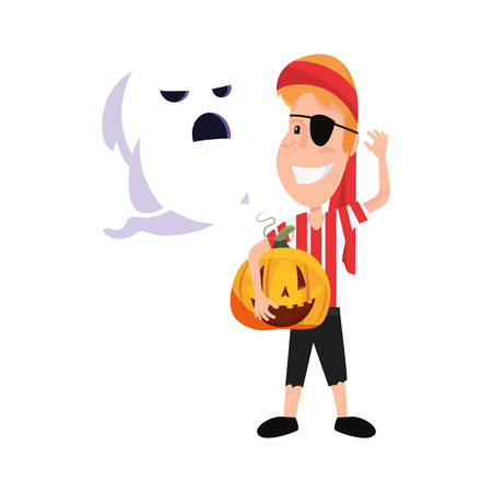 happy halloween ghost pirate man holding pumpkin vector illustrationのイラスト素材