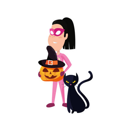 girl in halloween costume with cat and pumpkin vector illustrationのイラスト素材