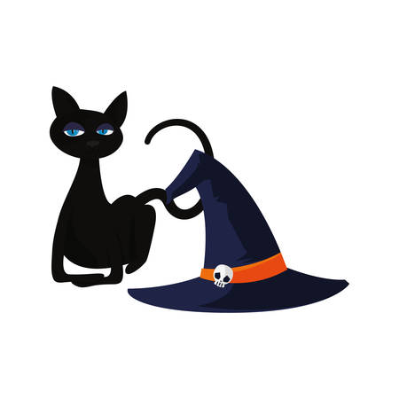 black cat halloween and witch hatvector illustrationのイラスト素材