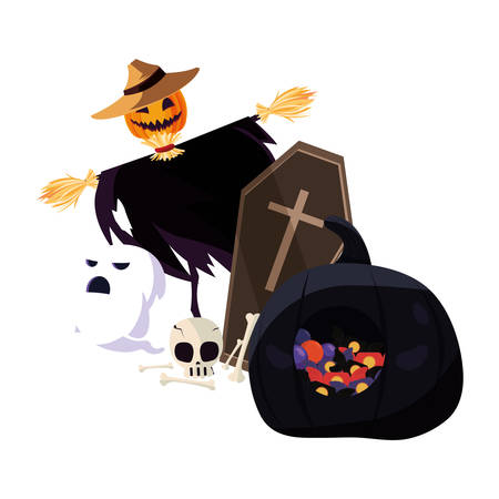 happy halloween scarecrow ghost skull candys vector illustrationのイラスト素材
