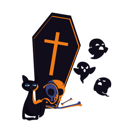 happy halloween coffin ghost skull cat bones vector illustrationのイラスト素材