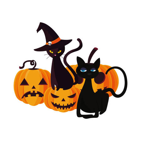 happy halloween black cats pumpkins vector illustrationのイラスト素材