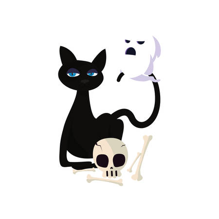 happy halloween back cat bones skull ghost vector illustrationのイラスト素材