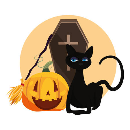 happy halloween sticker coffin cat broom pumpkin vector illustrationのイラスト素材