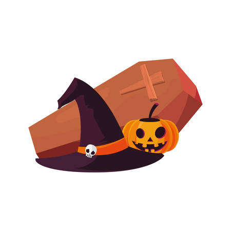 happy halloween pumpkin coffin witch hat vector illustrationのイラスト素材