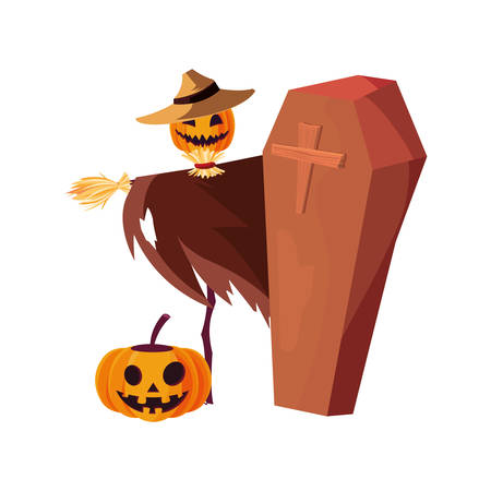 happy halloween scarecrow coffin pumpkin vector illustrationのイラスト素材