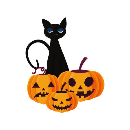 happy halloween black cat pumpkins making gestures vector illustrationのイラスト素材