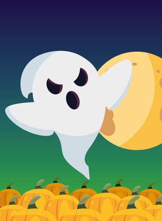 happy halloween ghost moon pumpkins vector illustrationのイラスト素材