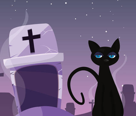 happy halloween cemetery stars black cat vector illustrationのイラスト素材