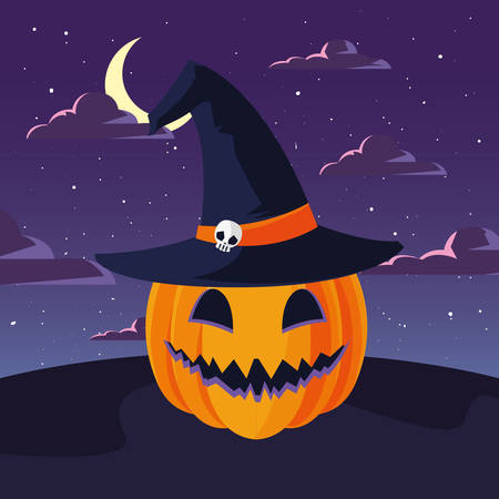 scary pumpkin bats night halloween celebration vector illustrationのイラスト素材