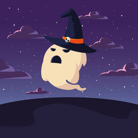ghost with hat night halloween celebration vector illustrationのイラスト素材