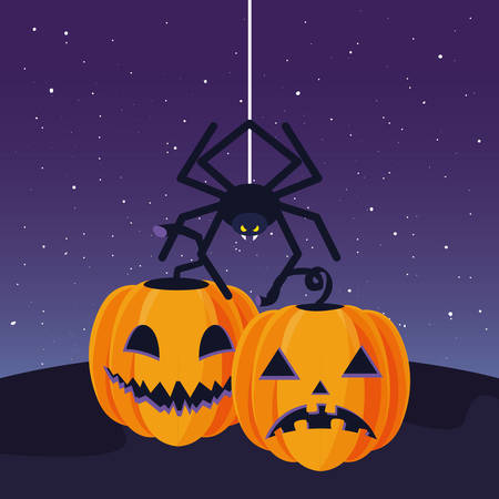 pumpkins and spider night halloween celebration vector illustrationのイラスト素材