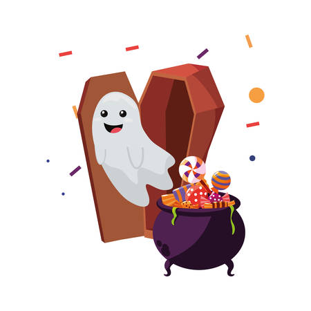 ghost coffin and cauldron candies halloween celebration vector illustrationのイラスト素材