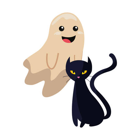 ghost and black cat halloween celebration vector illustrationのイラスト素材