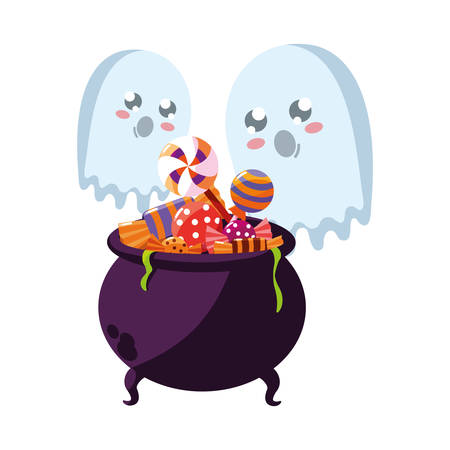 ghosts and cauldron candies halloween celebration vector illustrationのイラスト素材