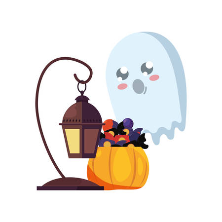 ghost pumpkin candies and lantern halloween celebration vector illustrationのイラスト素材
