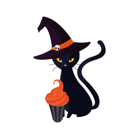 black cat with hat and cupcake halloween celebration vector illustrationのイラスト素材