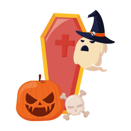 ghost coffin pumpkin and skull halloween celebration vector illustrationのイラスト素材