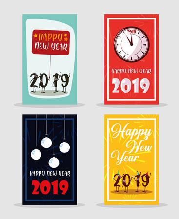 set of happy new year 2019 lettering vector illustration designのイラスト素材