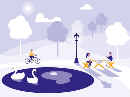 Park with lake and people ,colorful design, vector illustrationのイラスト素材
