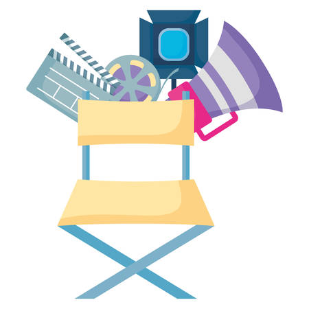 director chair with cinema related icons over background, colorful design. vector illustrationのイラスト素材