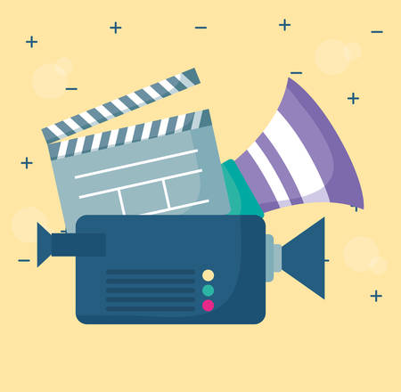 videocamera and movie clapboard over yellow  background, vector illustrationのイラスト素材