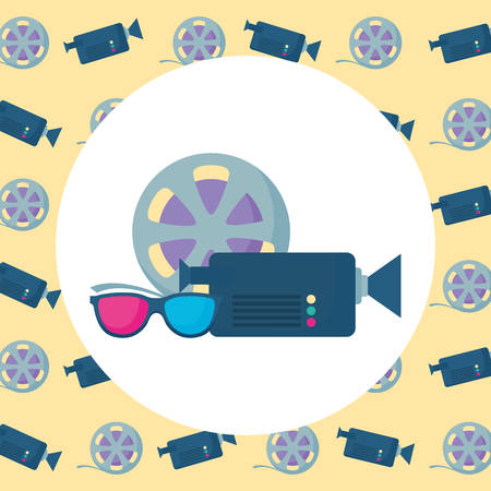 video camera with 3D glasses and film roll over yellow background, vector illustrationのイラスト素材