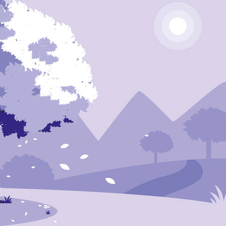 Tree over mountains landscape background, colorful design. vector illustrationのイラスト素材