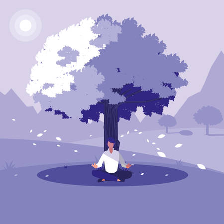 man practicing yoga under a tree over landscape background, colorful design. vector illustrationのイラスト素材