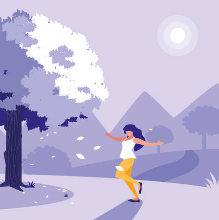 Happy woman over landscape background, colorful design. vector illustrationのイラスト素材