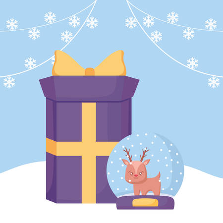 gift box and snowball with christmas deer over blue background, vector illustrationのイラスト素材