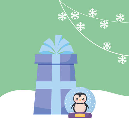 Gift box and snowball with cute penguin over green background, colorful design. vector illustrationのイラスト素材