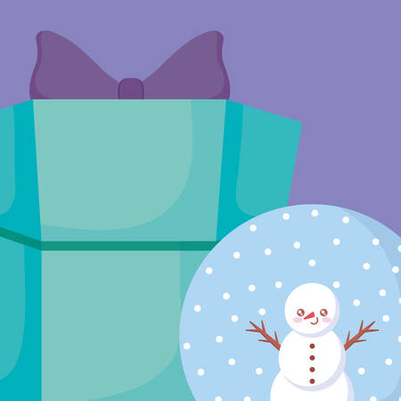 snowball with cartoon snowman and gift box over purple background, vector illustrationのイラスト素材