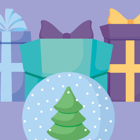 gift boxes and snowball with christmas pine over purple background, vector illustrationのイラスト素材