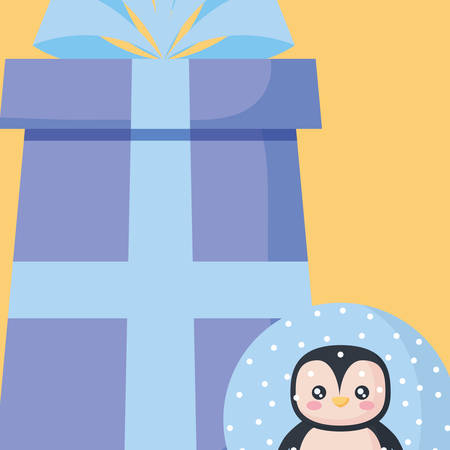 Gift box and snowball with cute penguin over yellow background, colorful design. vector illustrationのイラスト素材