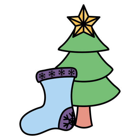 christmas tree and sock over white background, vector illustrationのイラスト素材