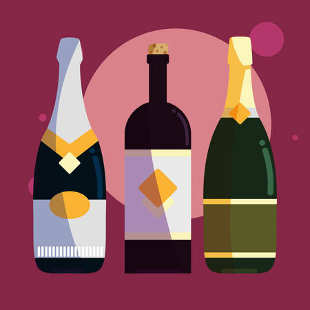 champagne and wine bottles over pink background, colorful design. vector illustrationのイラスト素材