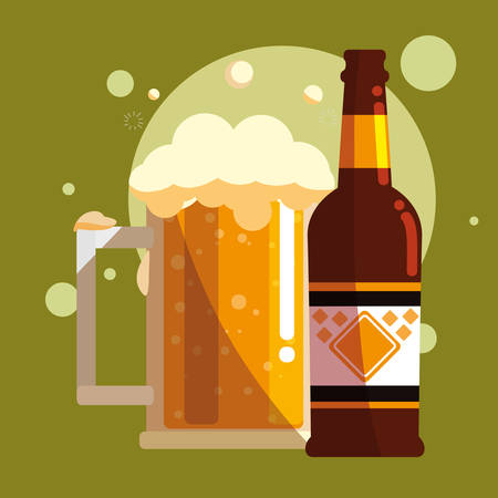 Beer bottle and mug glass over green background, vector illustrationのイラスト素材