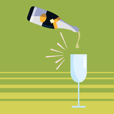 Champagne Pouring Into Glass from Bottle over green background, vector illustrationのイラスト素材