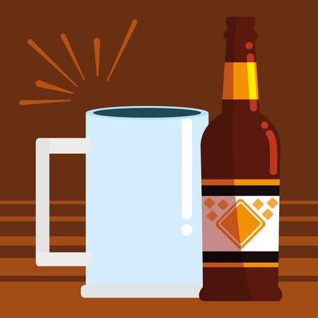 Beer bottle and mug glass over brown background, vector illustrationのイラスト素材