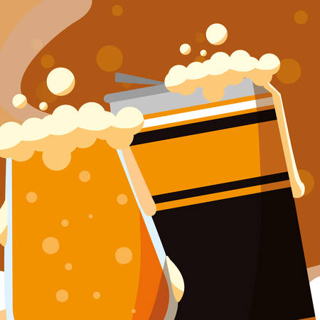 Beer can and glass over brown background, vector illustrationのイラスト素材