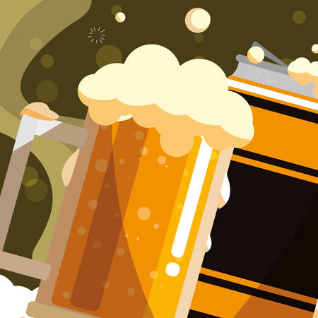 Beer can and mug glass over green background, vector illustrationのイラスト素材