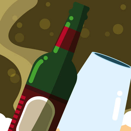 Beer bottle and glass over green background, vector illustrationのイラスト素材