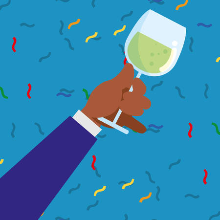 hand holding up a champagne glass over blue background, vector illustrationのイラスト素材