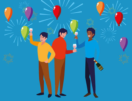 cartoon happy men in a party over blue background, vector illustrationのイラスト素材