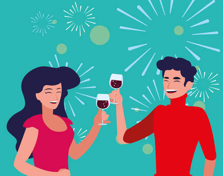 cartoon happy couple enjoying with cocktails over blue background, vector illustrationのイラスト素材