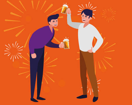 cartoon men having fun time with alcohol drinks over orange background, vector illustrationのイラスト素材