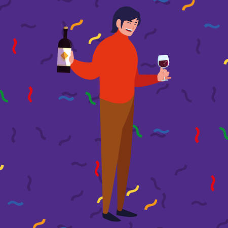 cartoon man holding a wine bottle and glass over purple background, vector illustrationのイラスト素材
