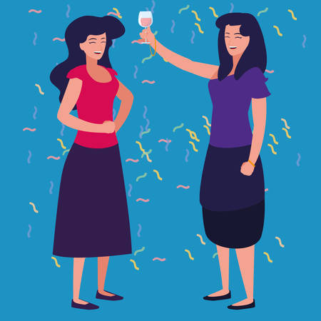 cartoon women enjoying wine glass over blue background, vector illustrationのイラスト素材